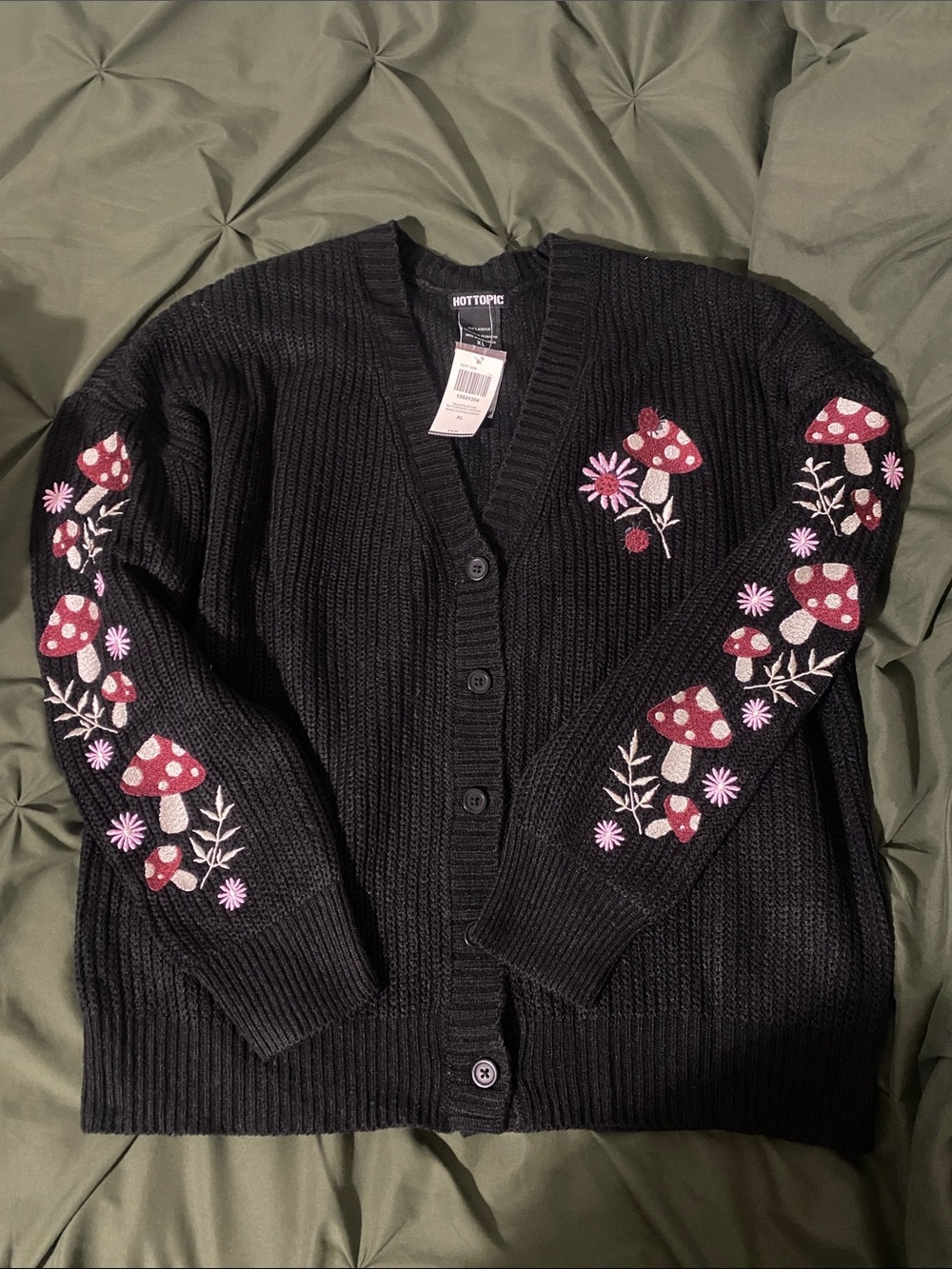 Hot Topic Black Cardigan with Red and Pink Mushroom Embroidery